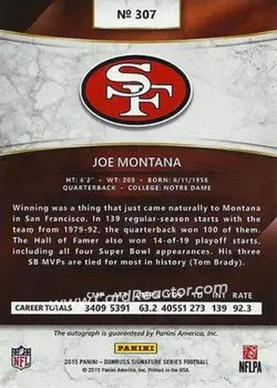 2015 Donruss Signature Series #307 - Joe Montana - San Francisco 49ers - Back