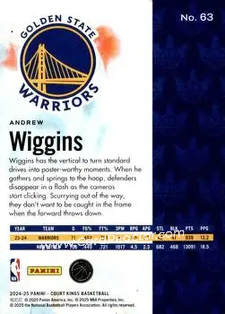 2024-25 Panini Court Kings #63 - Andrew Wiggins - Golden State Warriors - Back 2024-25 Panini Court Kings #63 - Andrew Wiggins - Golden State Warriors - Back