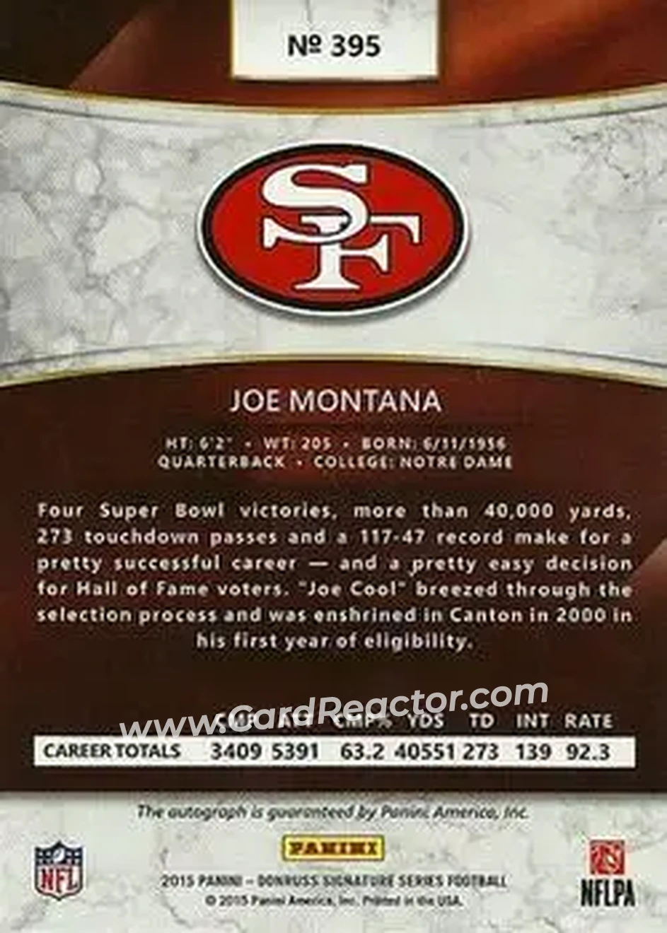 2015 Donruss Signature Series #395 - Joe Montana - San Francisco 49ers - Back