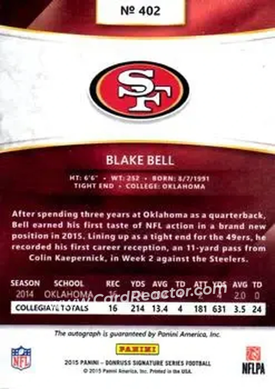 2015 Donruss Signature Series #402 - Blake Bell - San Francisco 49ers - Back 2015 Donruss Signature Series #402 - Blake Bell - San Francisco 49ers - Back