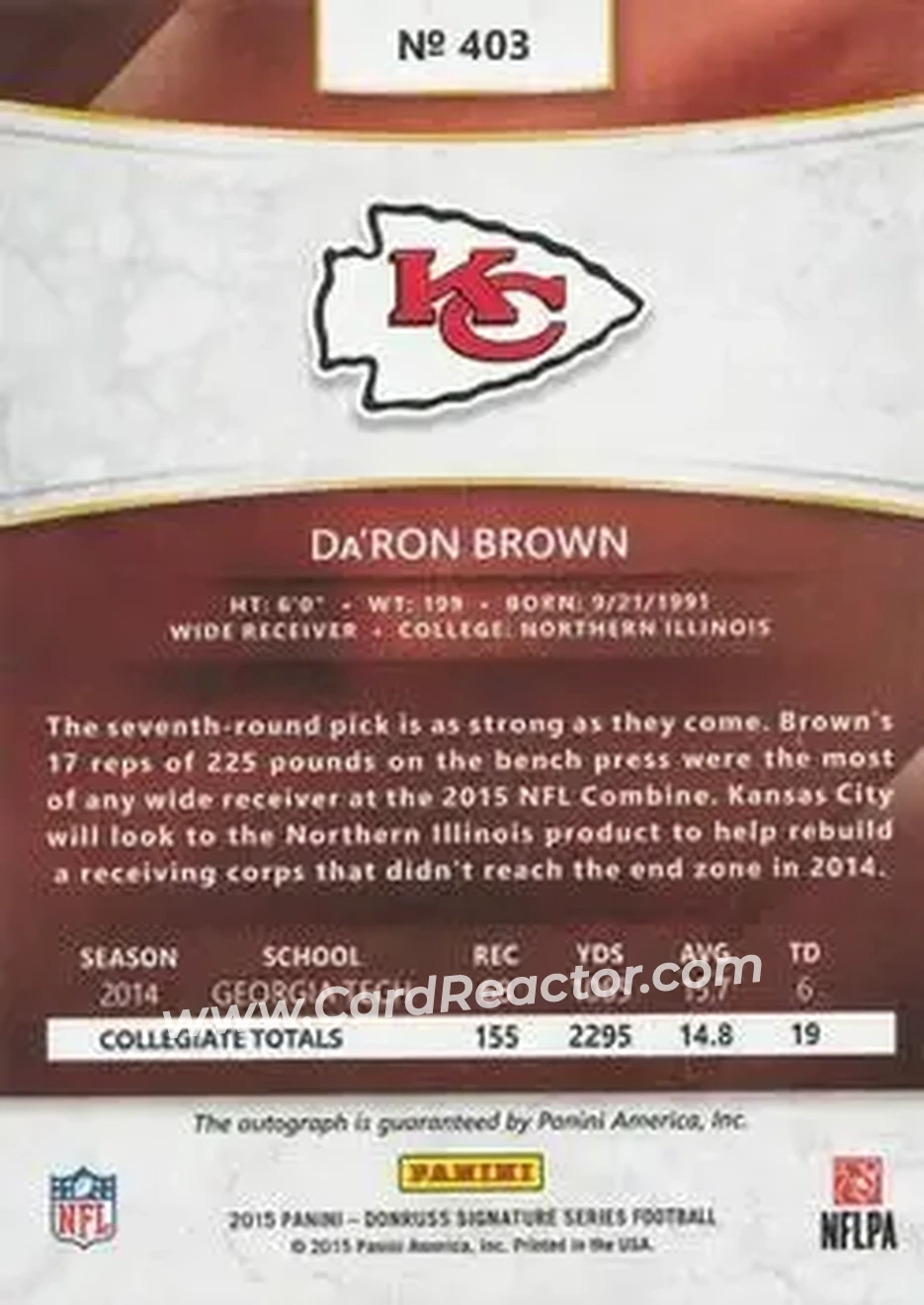 2015 Donruss Signature Series #403 - Da'Ron Brown - Kansas City Chiefs - Back