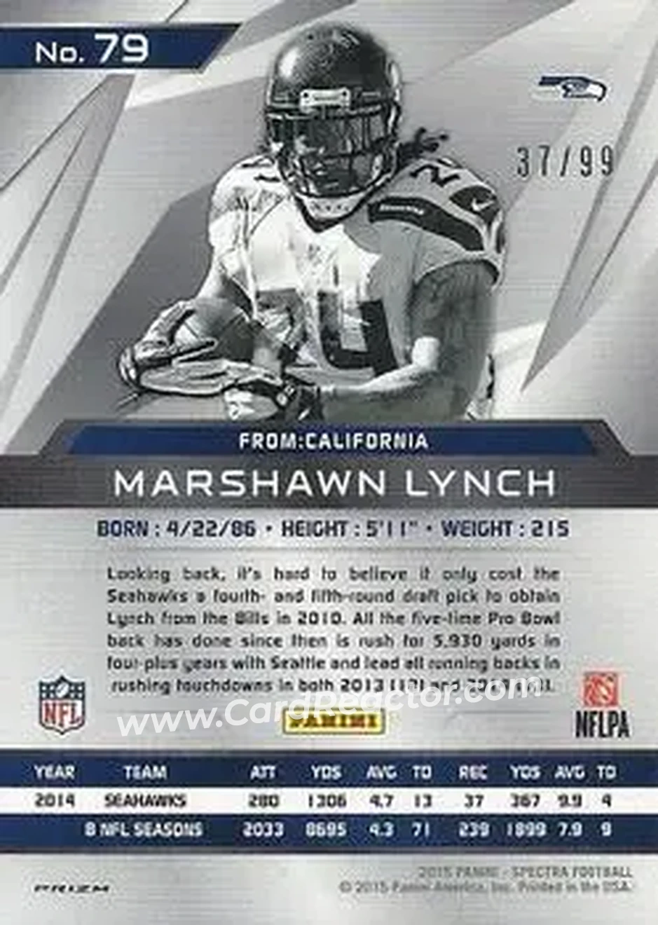 2015 Panini Spectra #79b - Marshawn Lynch - Seattle Seahawks - Back