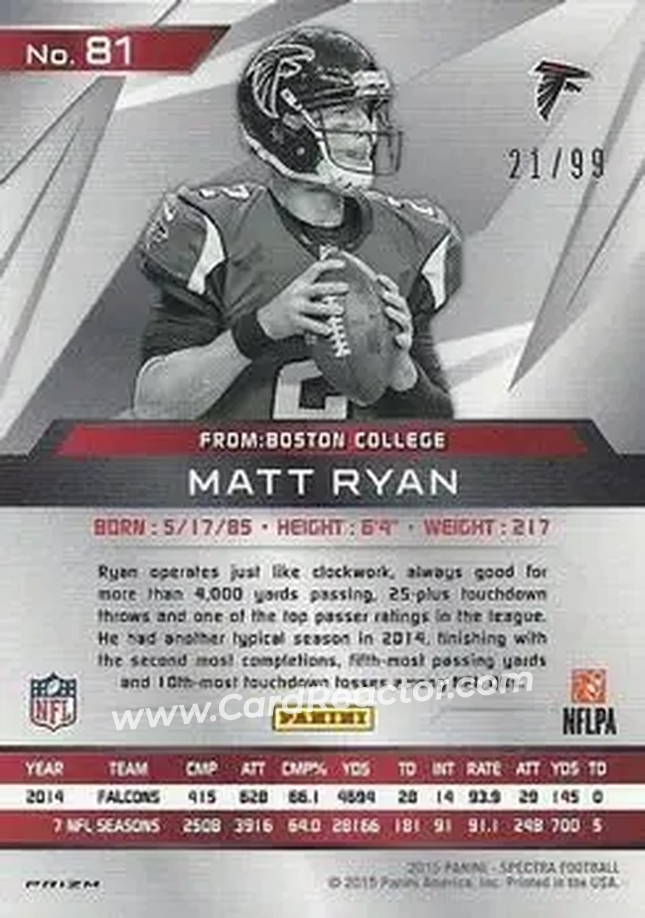 2015 Panini Spectra #81 - Matt Ryan - Atlanta Falcons - Back