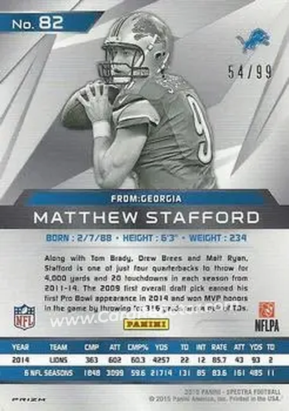 2015 Panini Spectra #82 - Matthew Stafford - Detroit Lions - Back 2015 Panini Spectra #82 - Matthew Stafford - Detroit Lions - Back