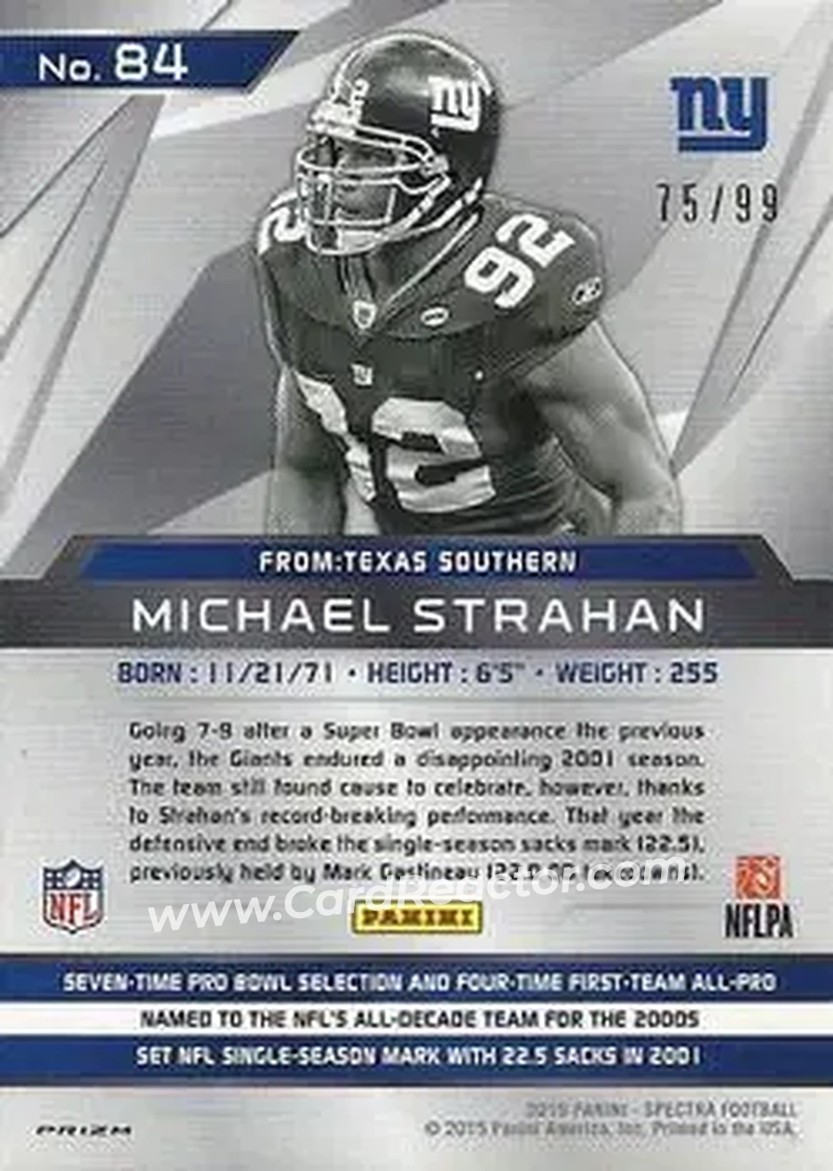 2015 Panini Spectra #84 - Michael Strahan - New York Giants - Back