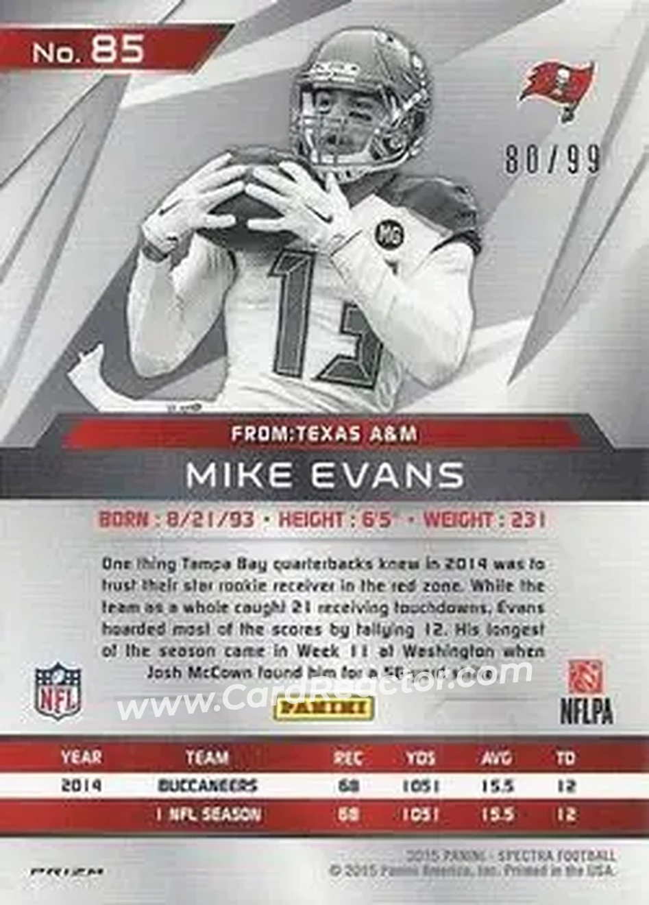 2015 Panini Spectra #85 - Mike Evans - Tampa Bay Buccaneers - Back