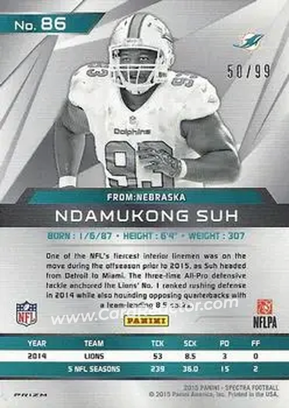 2015 Panini Spectra #86 - Ndamukong Suh - Miami Dolphins - Back