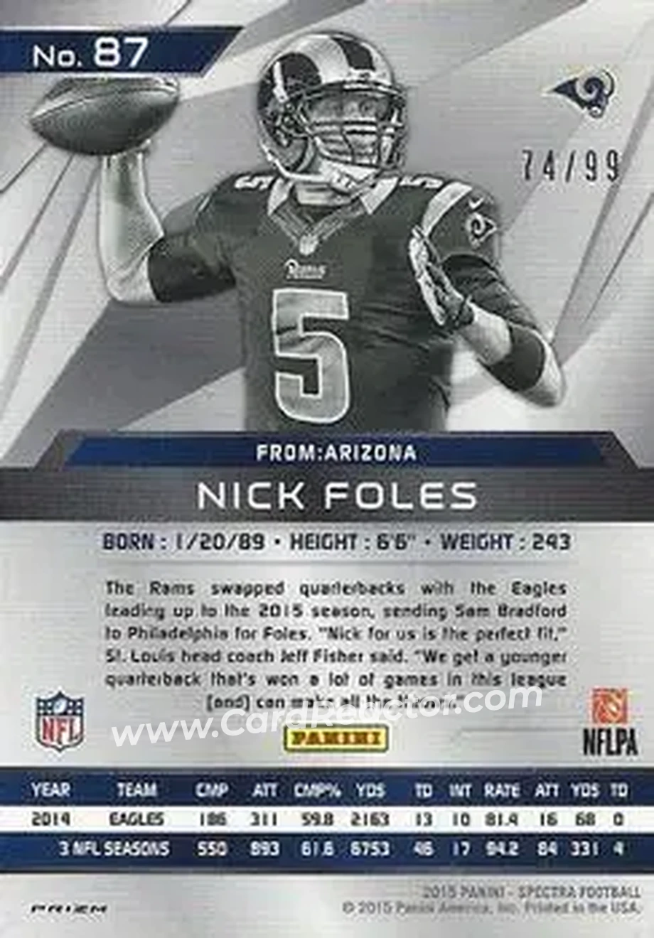 2015 Panini Spectra #87 - Nick Foles - St. Louis Rams - Back