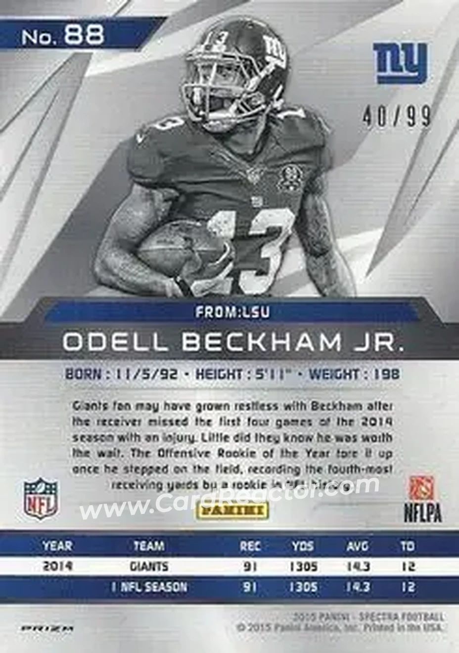 2015 Panini Spectra #88 - Odell Beckham Jr. - New York Giants - Back