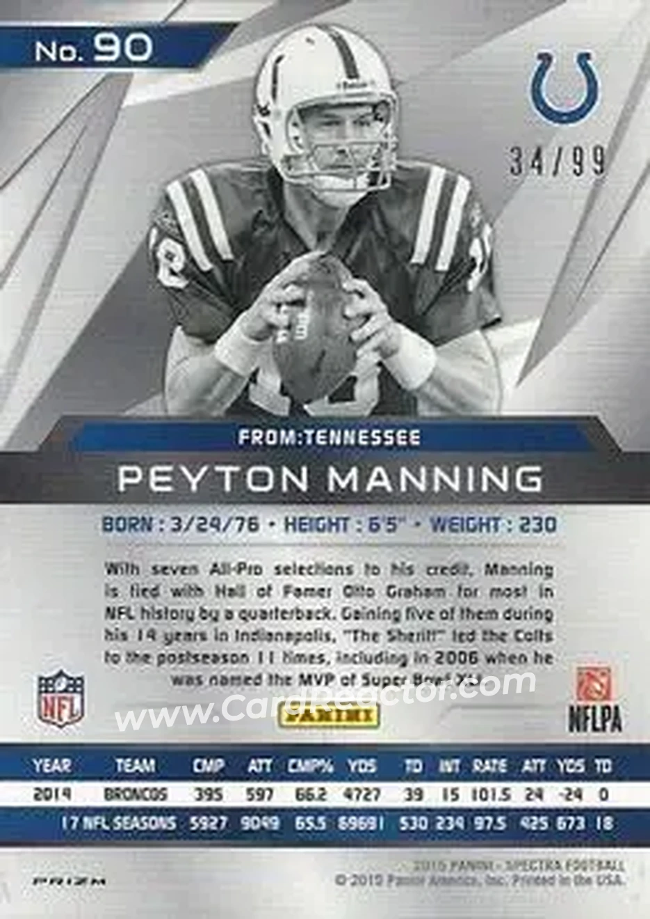2015 Panini Spectra #90a - Peyton Manning - Indianapolis Colts - Back