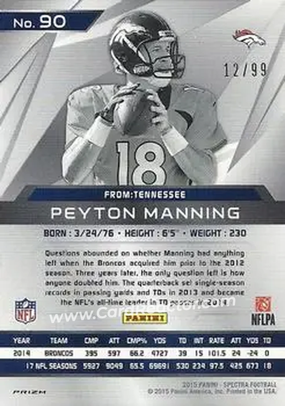 2015 Panini Spectra #90b - Peyton Manning - Denver Broncos - Back