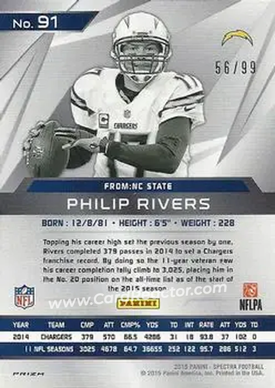 2015 Panini Spectra #91 - Philip Rivers - San Diego Chargers - Back 2015 Panini Spectra #91 - Philip Rivers - San Diego Chargers - Back