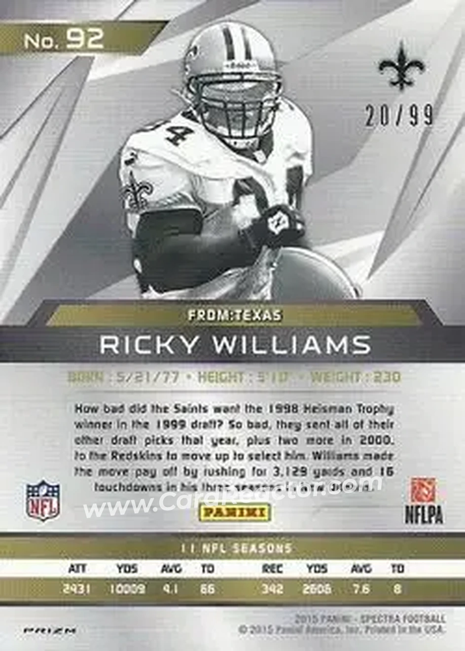 2015 Panini Spectra #92 - Ricky Williams - New Orleans Saints - Back