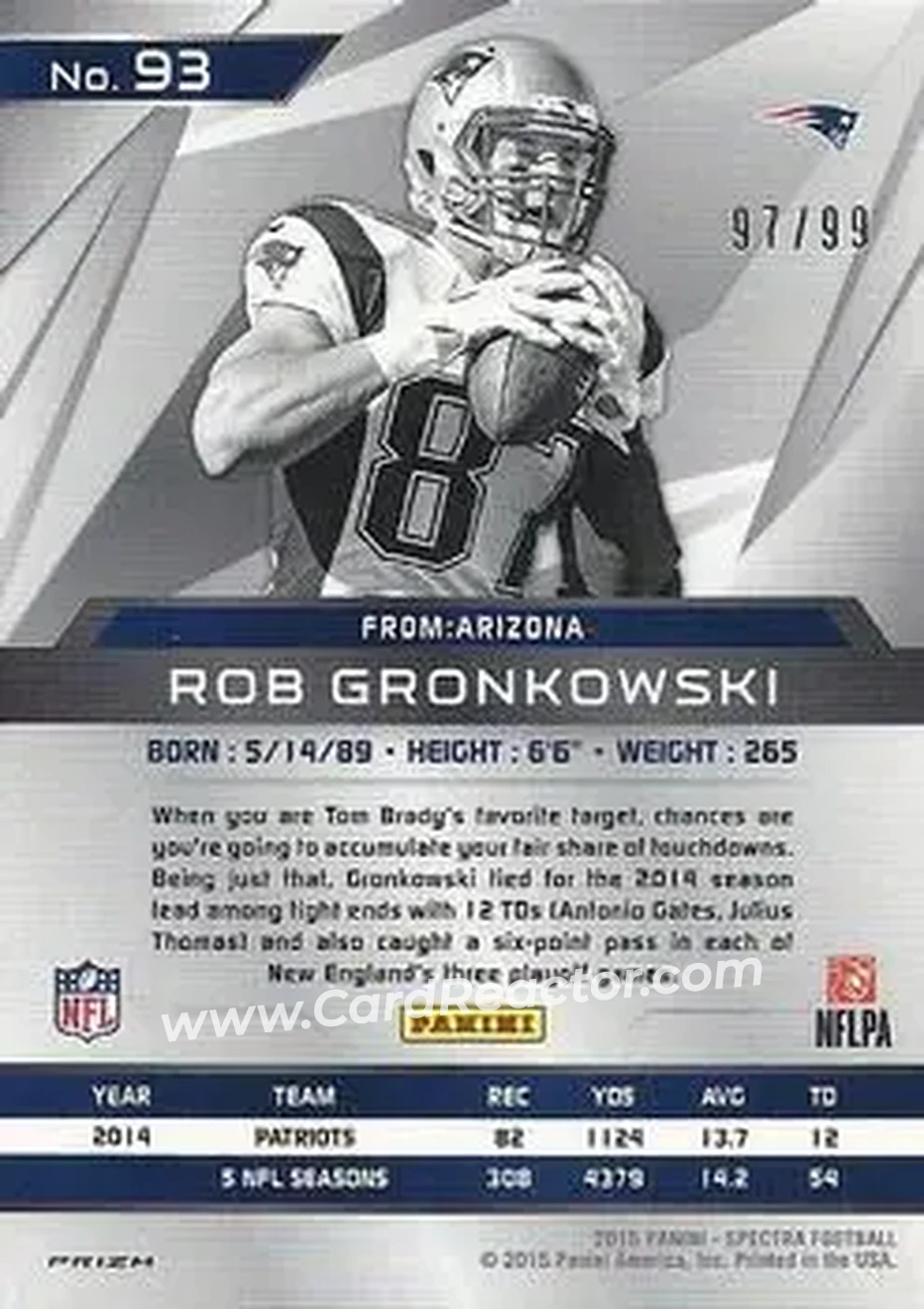 2015 Panini Spectra #93 - Rob Gronkowski - New England Patriots - Back