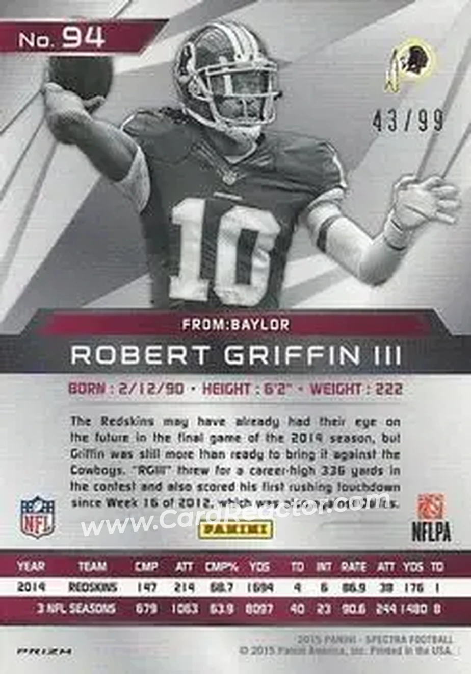 2015 Panini Spectra #94 - Robert Griffin III - Washington Redskins - Back