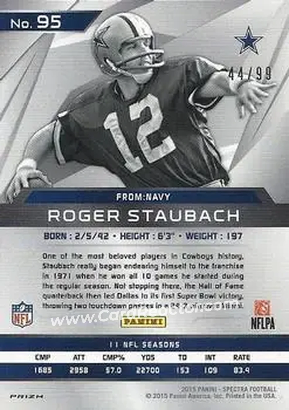 2015 Panini Spectra #95 - Roger Staubach - Dallas Cowboys - Back 2015 Panini Spectra #95 - Roger Staubach - Dallas Cowboys - Back