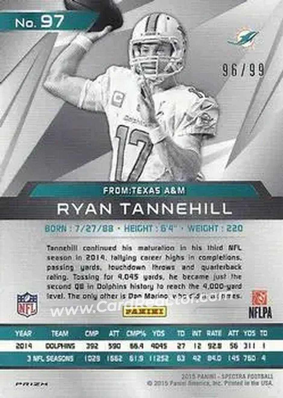 2015 Panini Spectra #97 - Ryan Tannehill - Miami Dolphins - Back