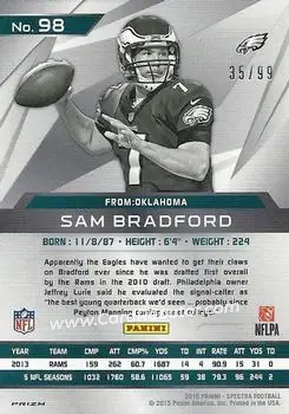 2015 Panini Spectra #98 - Sam Bradford - Philadelphia Eagles - Back