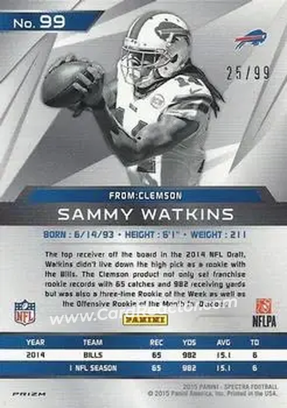 2015 Panini Spectra #99 - Sammy Watkins - Buffalo Bills - Back