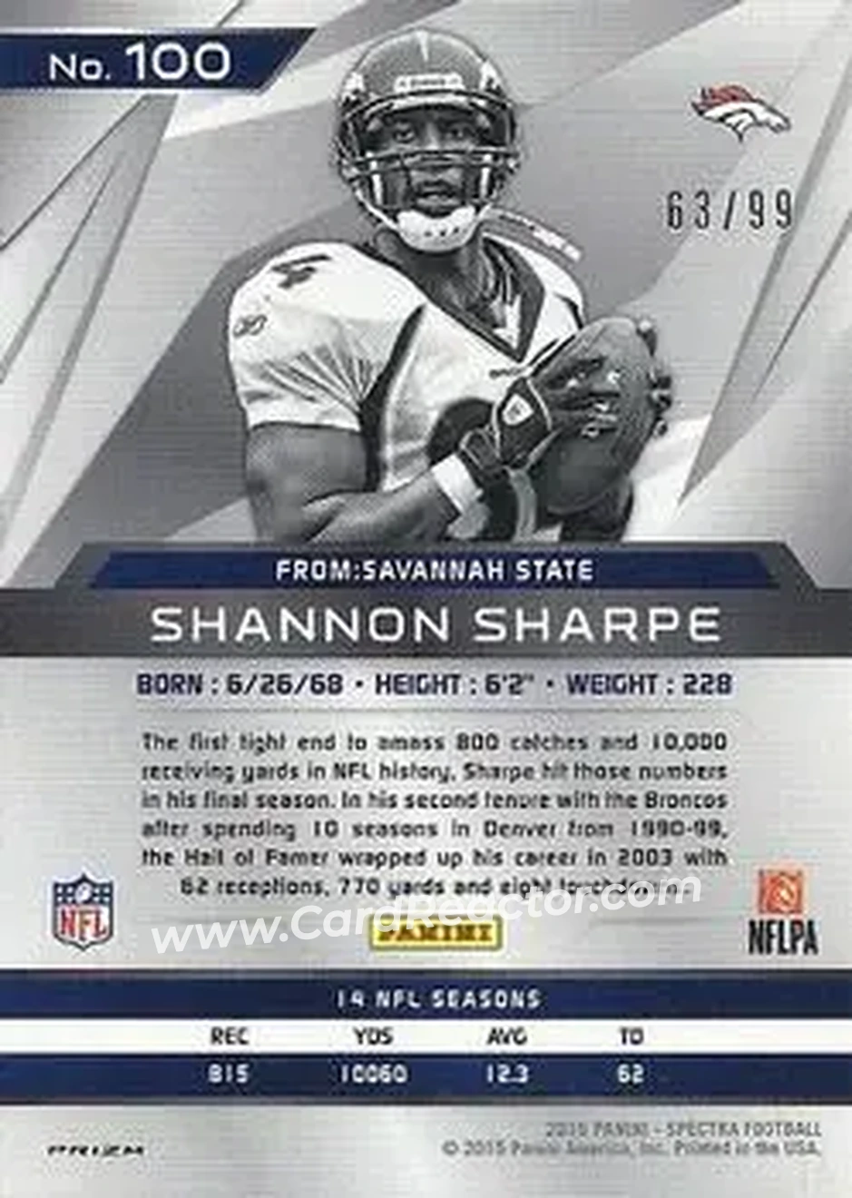 2015 Panini Spectra #100a - Shannon Sharpe - Denver Broncos - Back