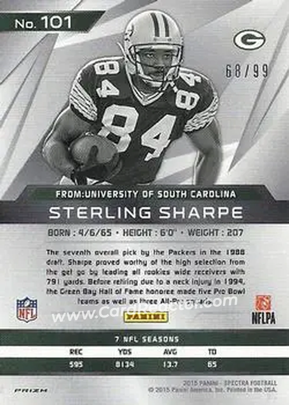 2015 Panini Spectra #101 - Sterling Sharpe - Green Bay Packers - Back
