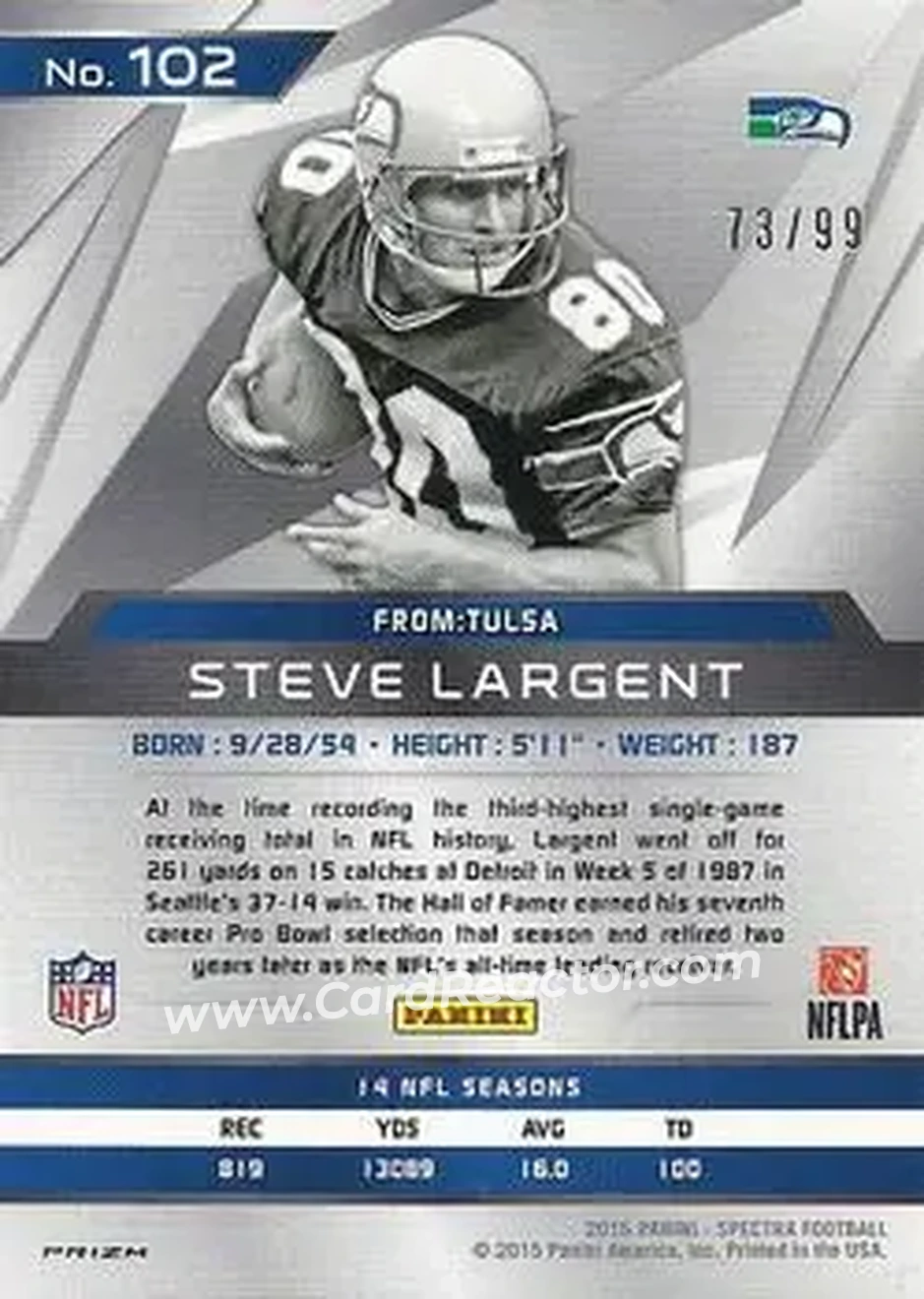 2015 Panini Spectra #102 - Steve Largent - Seattle Seahawks - Back