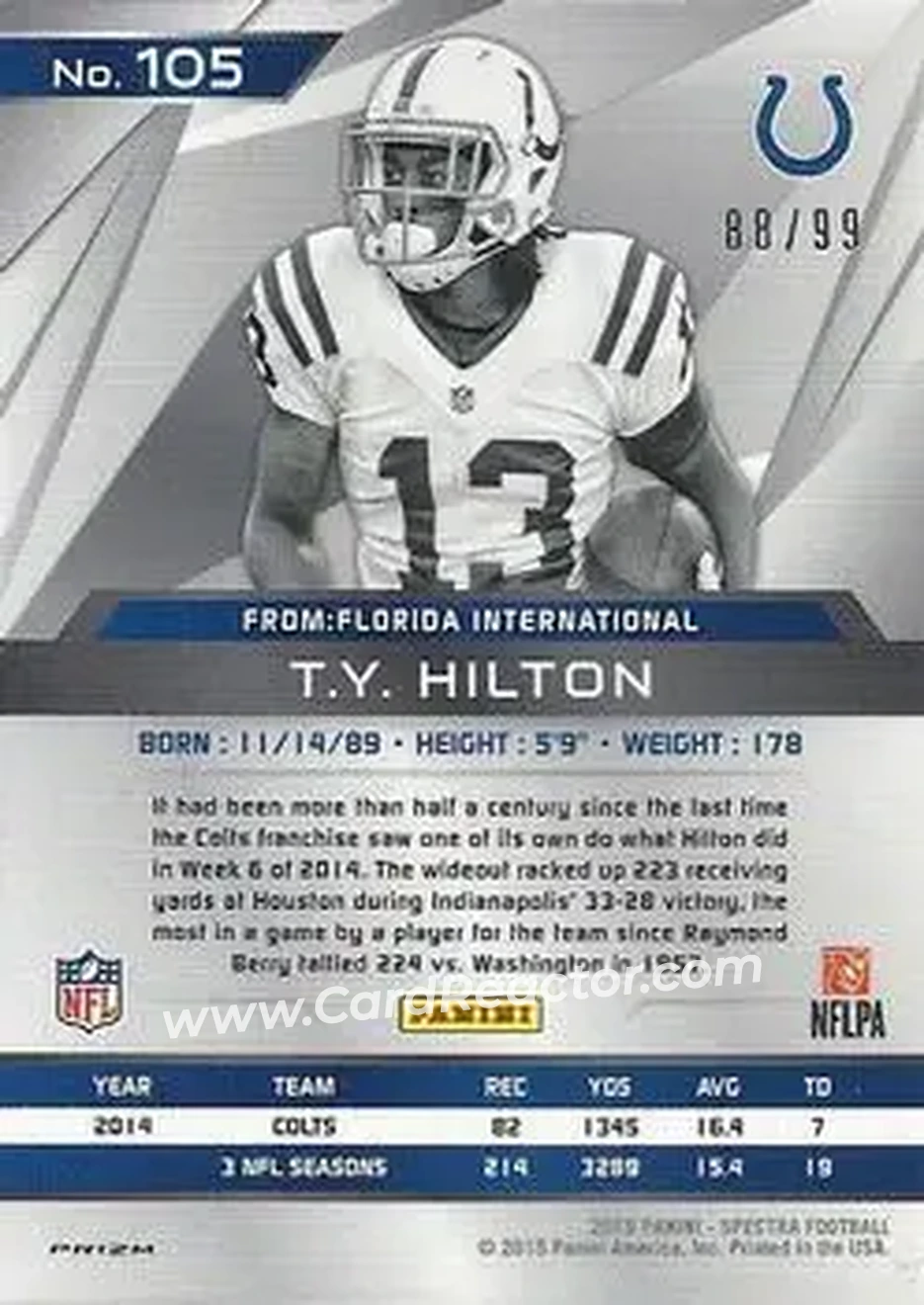 2015 Panini Spectra #105 - T.Y. Hilton - Indianapolis Colts - Back