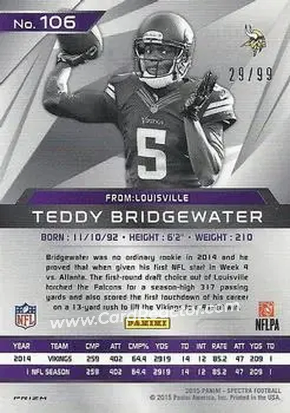 2015 Panini Spectra #106 - Teddy Bridgewater - Minnesota Vikings - Back