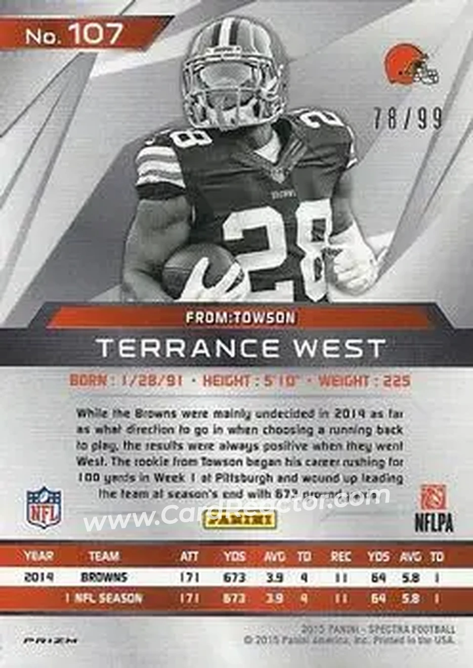 2015 Panini Spectra #107 - Terrance West - Cleveland Browns - Back