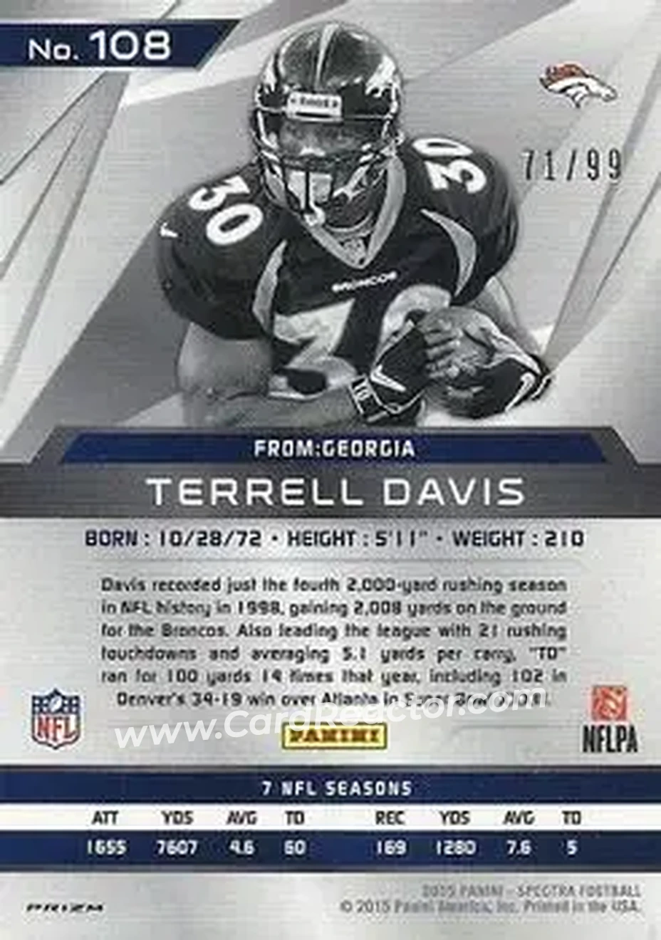 2015 Panini Spectra #108 - Terrell Davis - Denver Broncos - Back