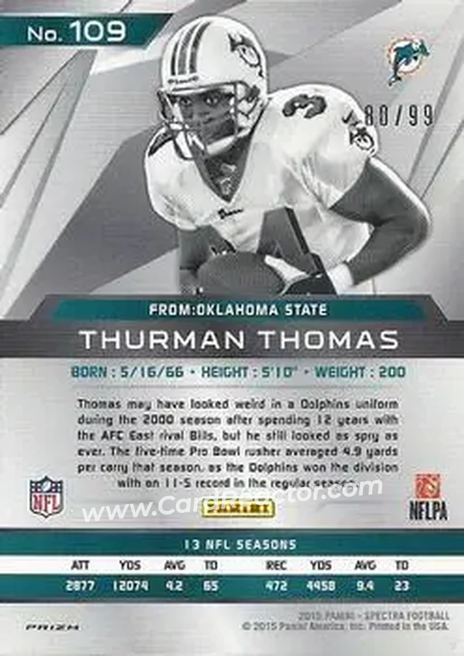 2015 Panini Spectra #109b - Thurman Thomas - Miami Dolphins - Back