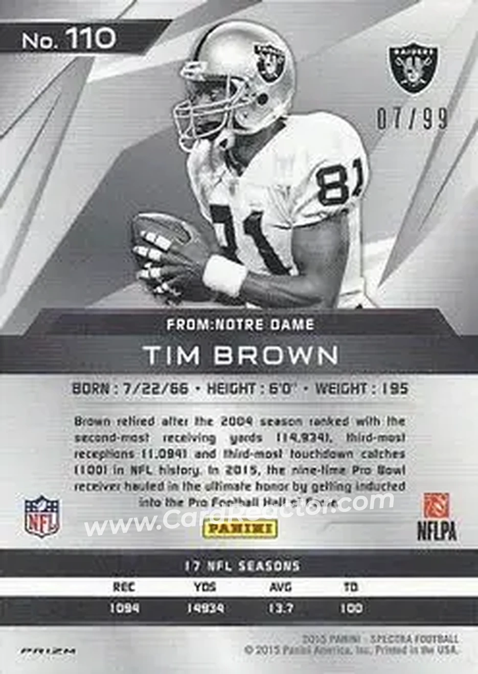 2015 Panini Spectra #110 - Tim Brown - Oakland Raiders - Back