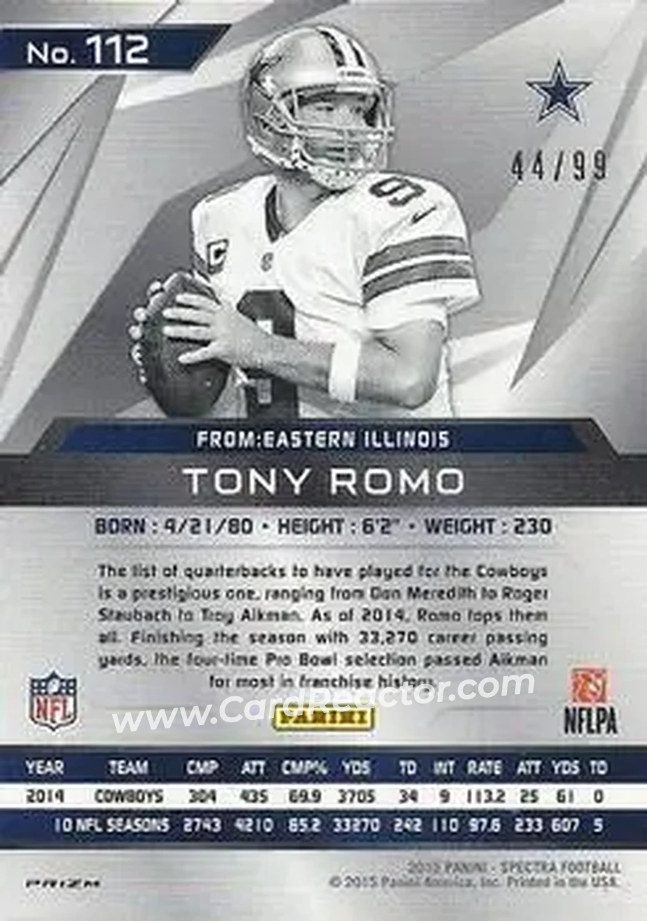 2015 Panini Spectra #112 - Tony Romo - Dallas Cowboys - Back