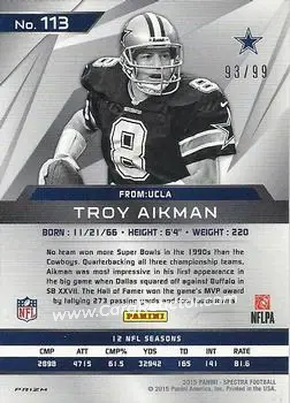 2015 Panini Spectra #113 - Troy Aikman - Dallas Cowboys - Back