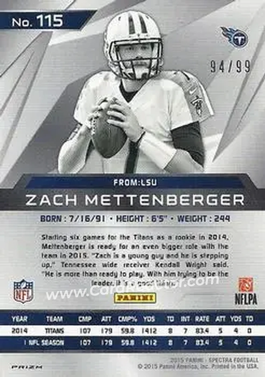 2015 Panini Spectra #115 - Zach Mettenberger - Tennessee Titans - Back