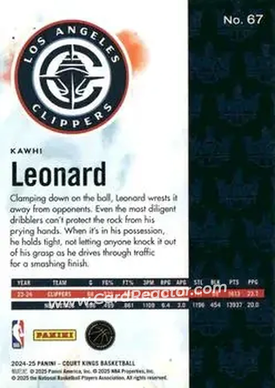 2024-25 Panini Court Kings #67 - Kawhi Leonard - Los Angeles Clippers - Back 2024-25 Panini Court Kings #67 - Kawhi Leonard - Los Angeles Clippers - Back
