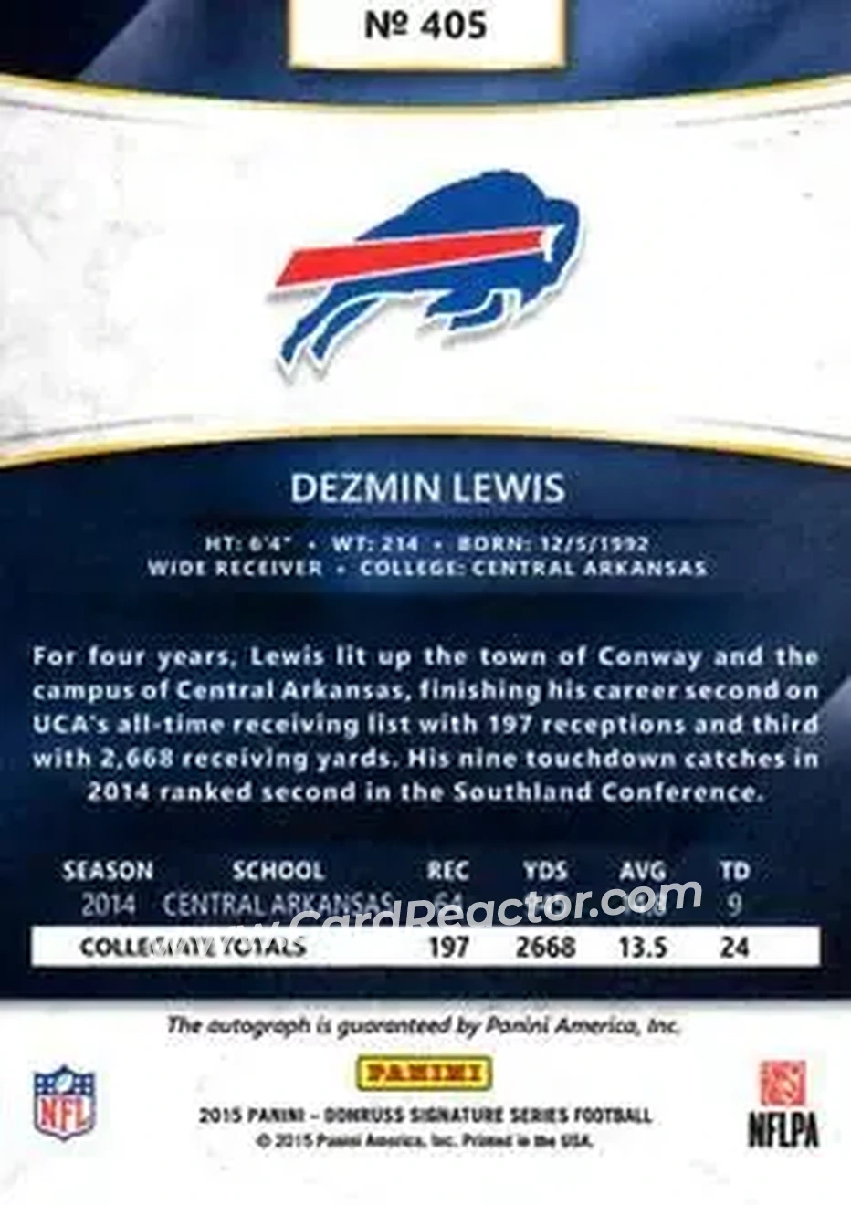 2015 Donruss Signature Series #405 - Dezmin Lewis - Buffalo Bills - Back