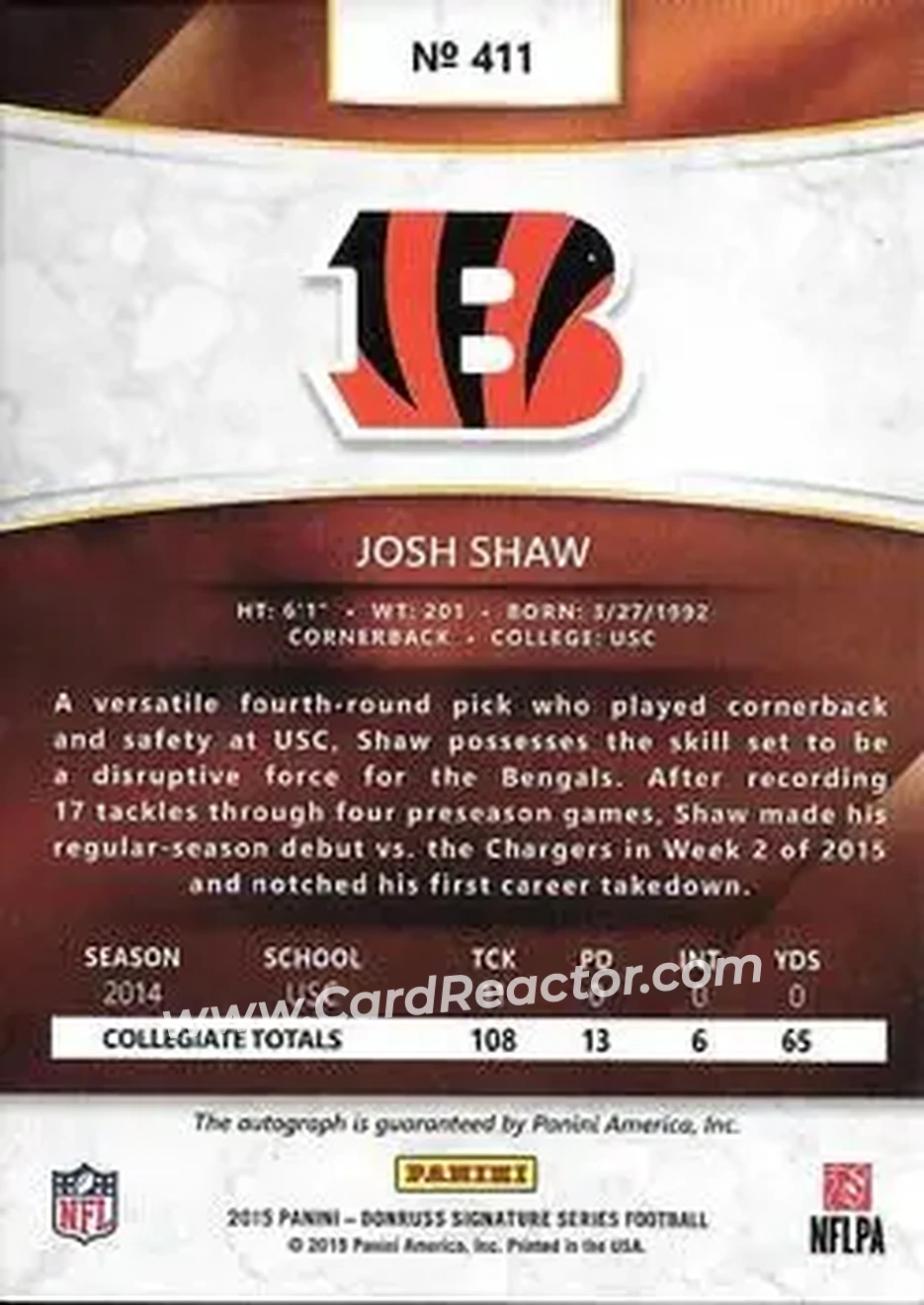 2015 Donruss Signature Series #411 - Josh Shaw - Cincinnati Bengals - Back