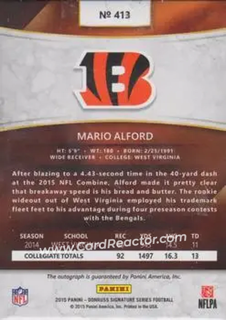 2015 Donruss Signature Series #413 - Mario Alford - Cincinnati Bengals - Back
