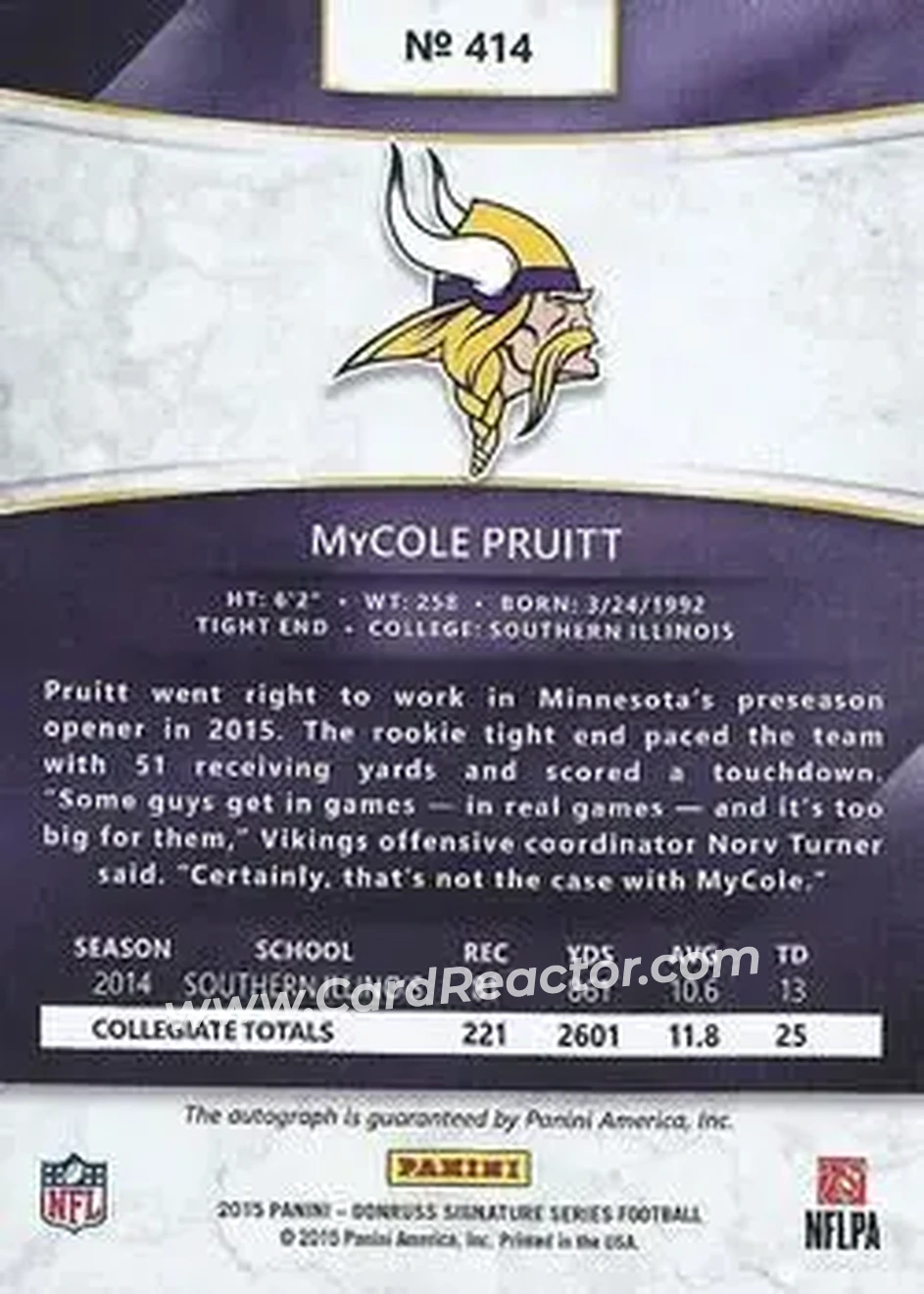 2015 Donruss Signature Series #414 - MyCole Pruitt - Minnesota Vikings - Back