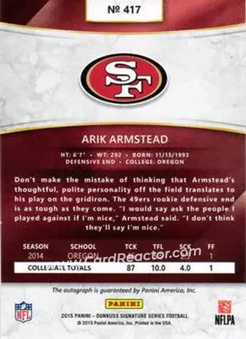 2015 Donruss Signature Series #417 - Arik Armstead - San Francisco 49ers - Back