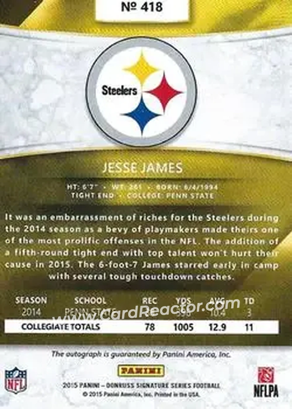 2015 Donruss Signature Series #418 - Jesse James - Pittsburgh Steelers - Back