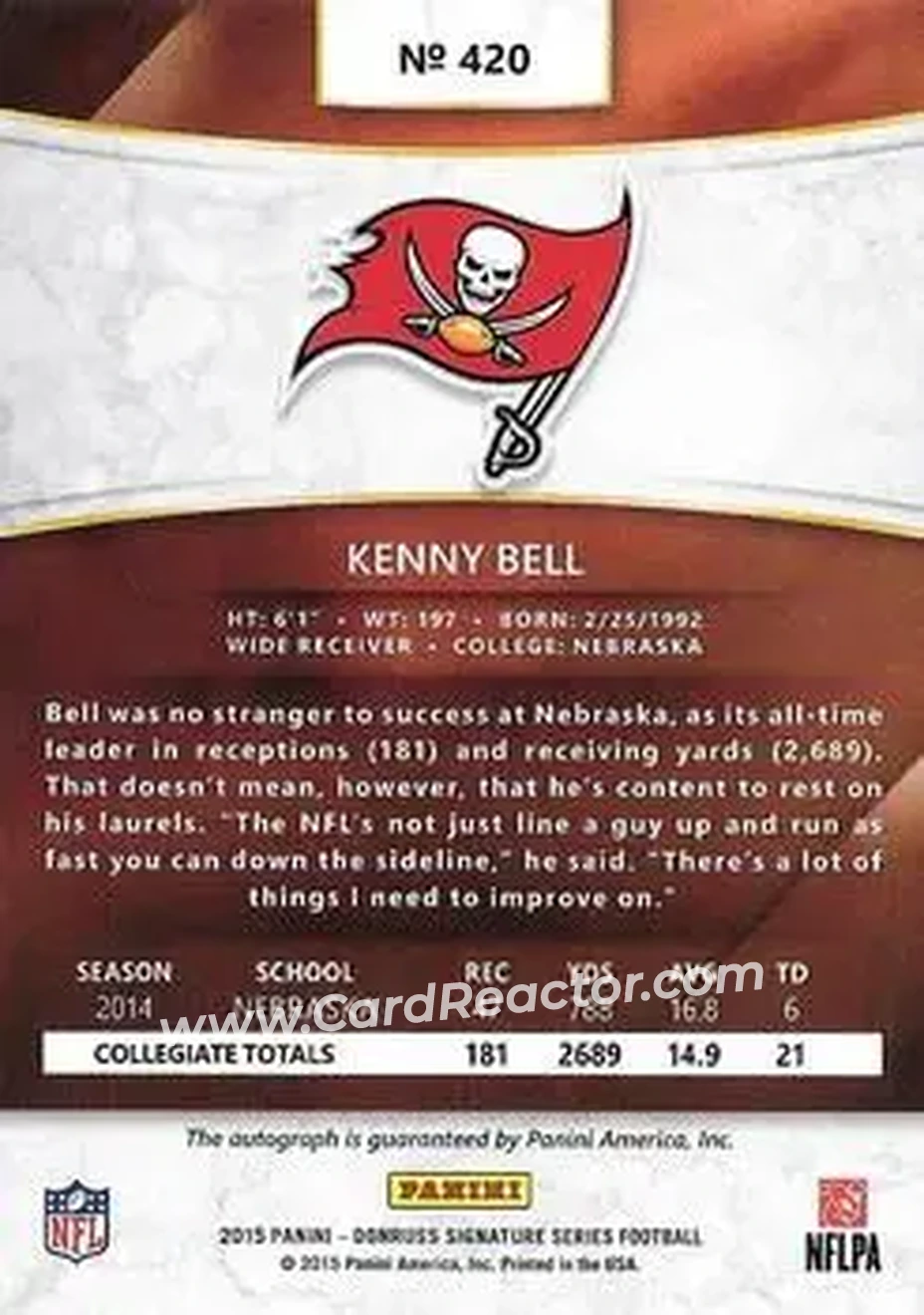 2015 Donruss Signature Series #420 - Kenny Bell - Tampa Bay Buccaneers - Back
