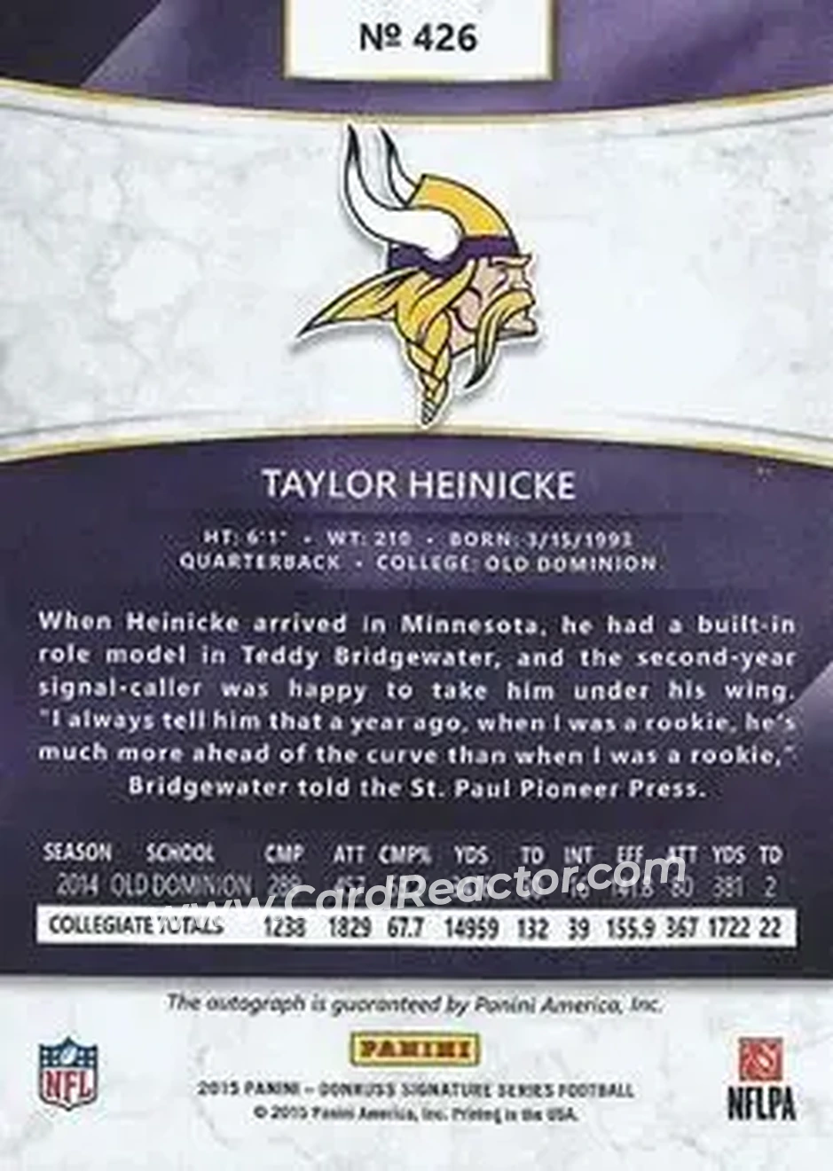 2015 Donruss Signature Series #426 - Taylor Heinicke - Minnesota Vikings - Back