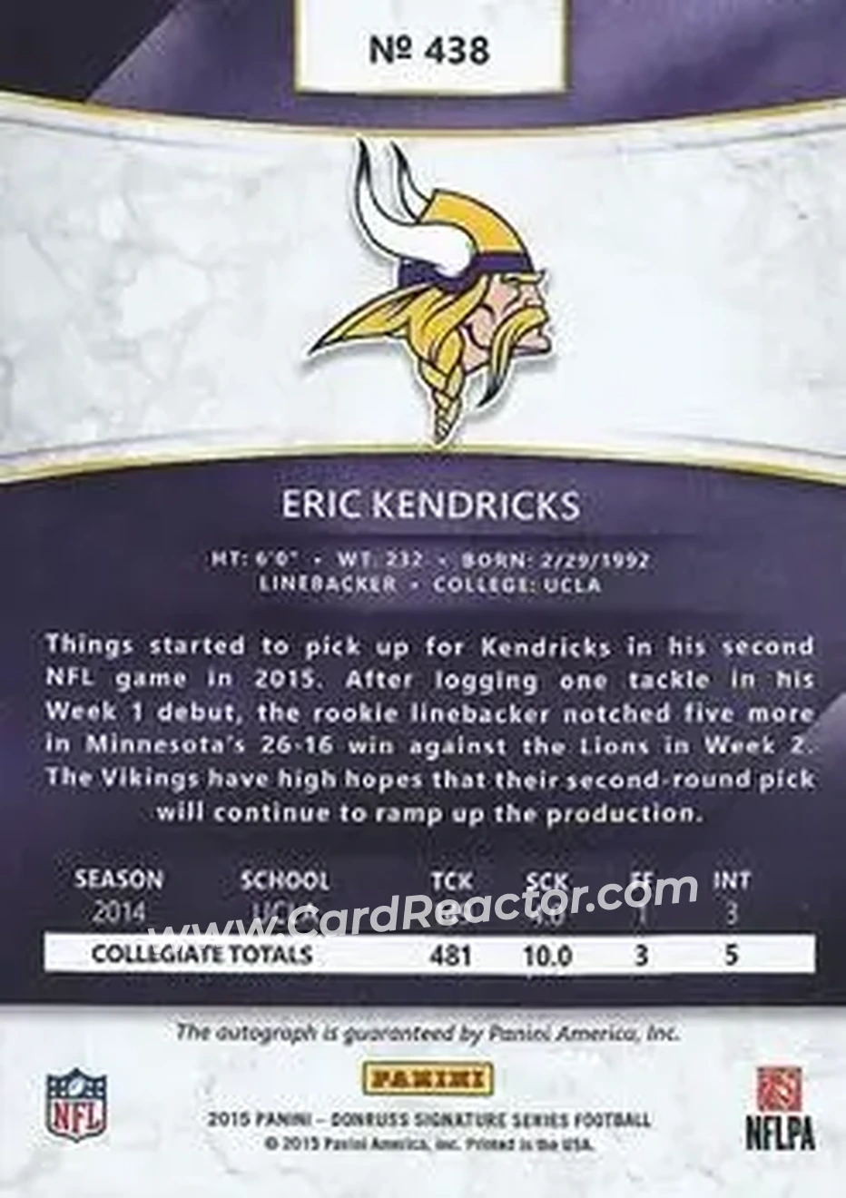 2015 Donruss Signature Series #438 - Eric Kendricks - Minnesota Vikings - Back