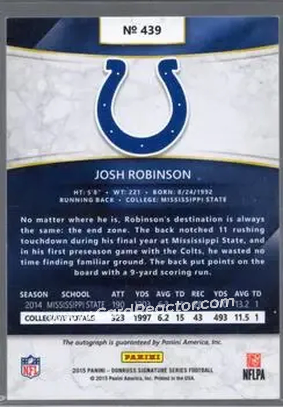 2015 Donruss Signature Series #439 - Josh Robinson - Indianapolis Colts - Back
