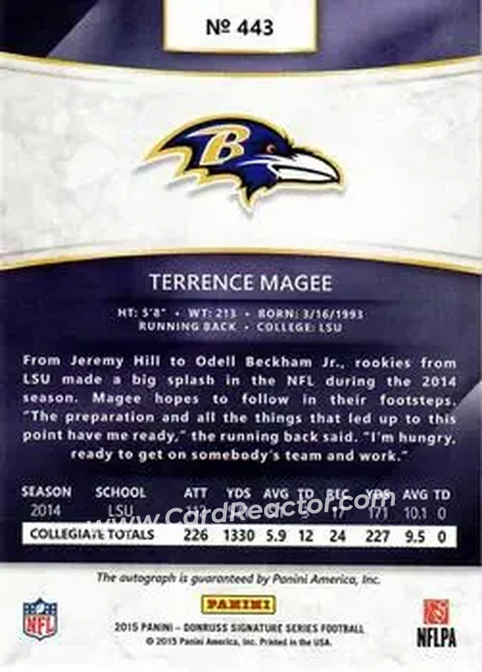 2015 Donruss Signature Series #443 - Terrence Magee - Baltimore Ravens - Back