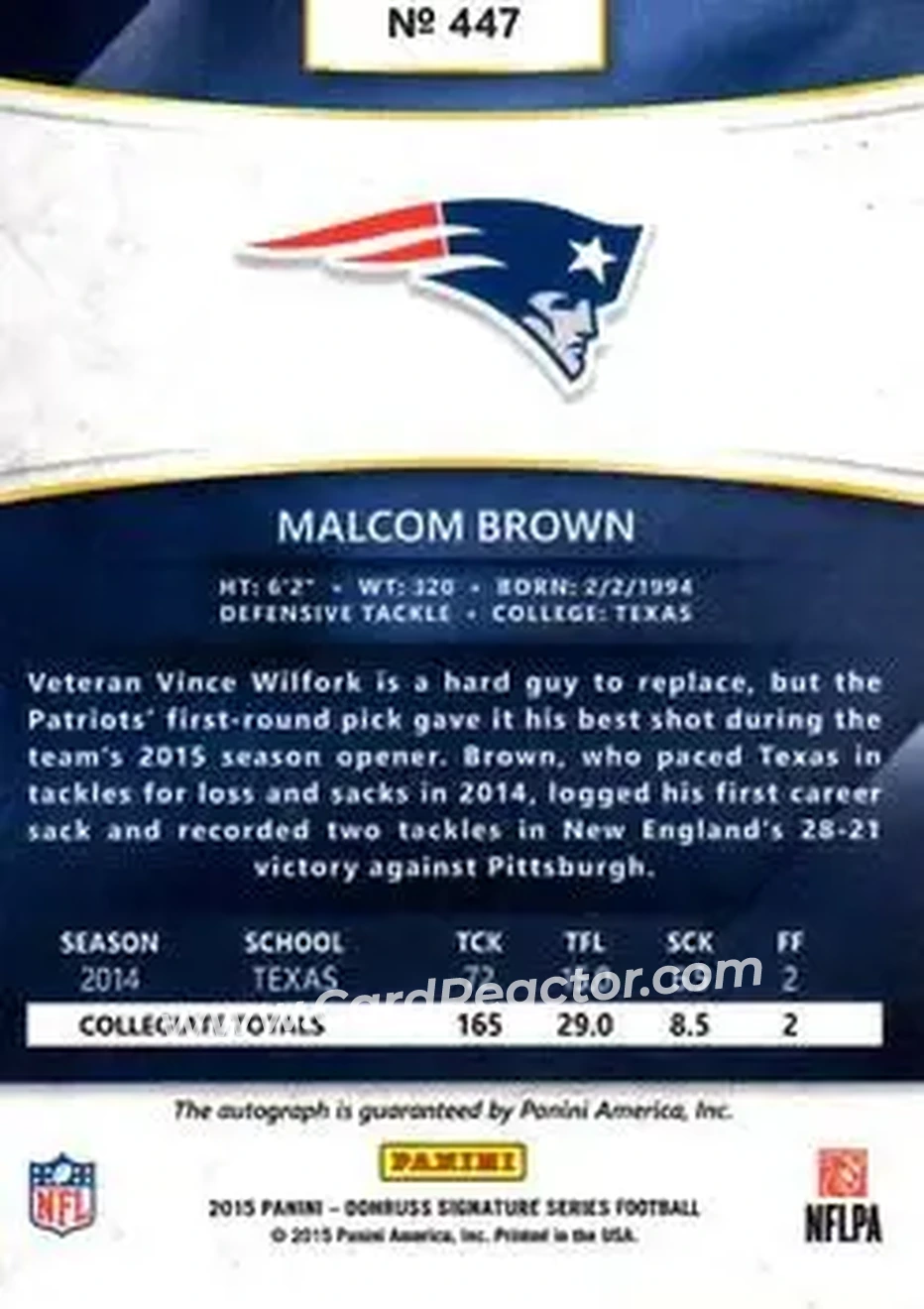 2015 Donruss Signature Series #447 - Malcom Brown - New England Patriots - Back