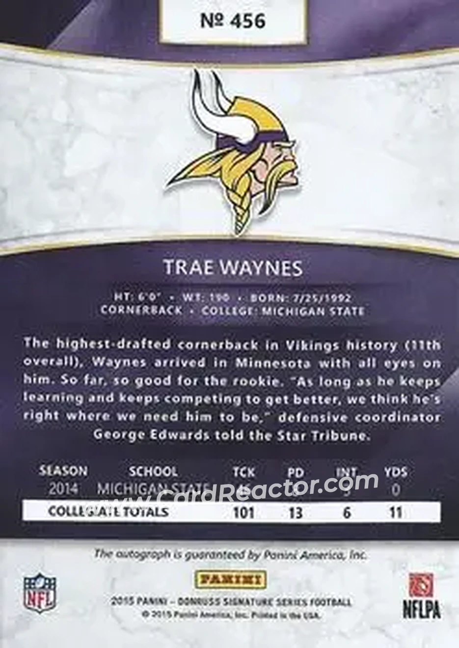 2015 Donruss Signature Series #456 - Trae Waynes - Minnesota Vikings - Back