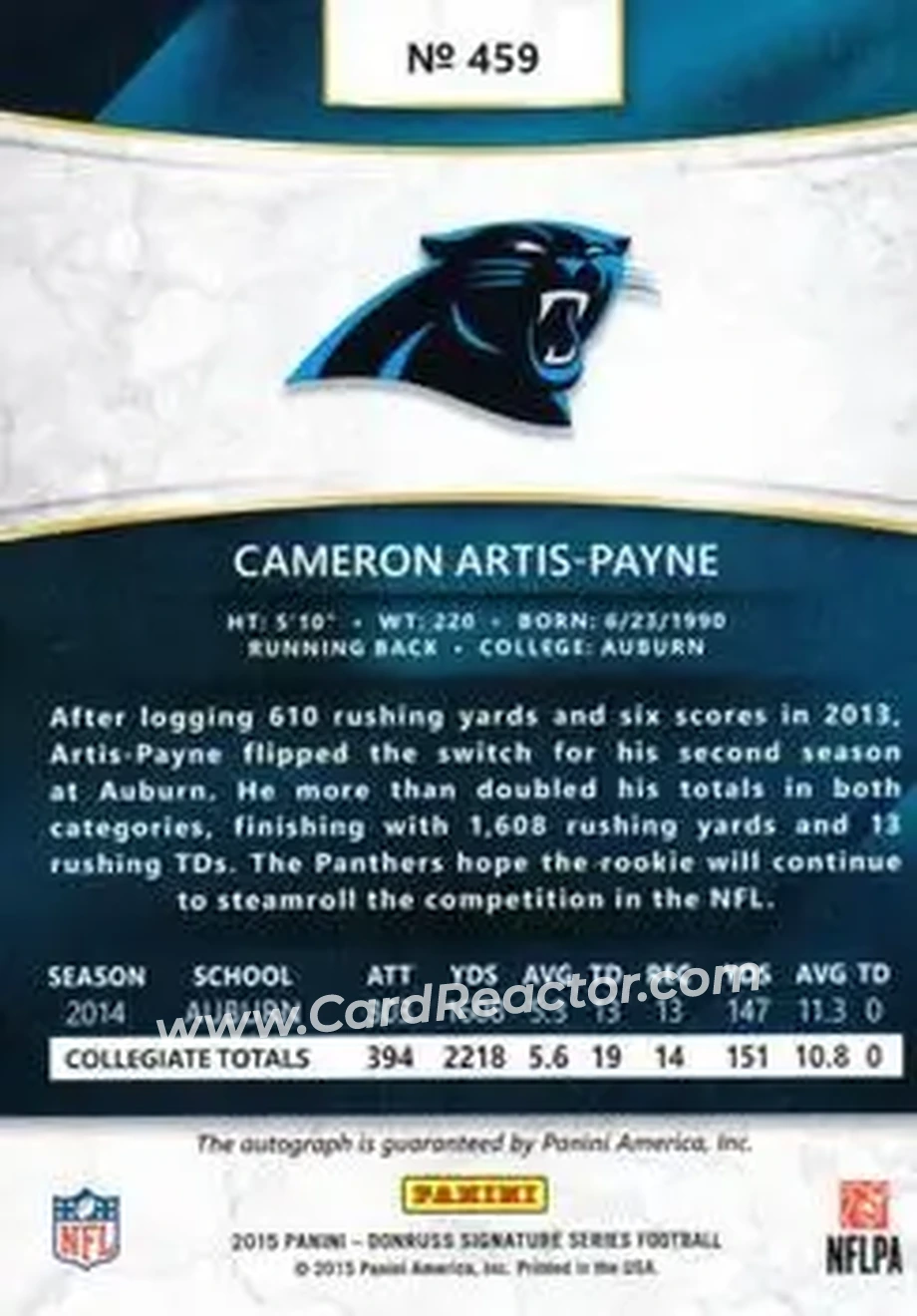 2015 Donruss Signature Series #459 - Cameron Artis-Payne - Carolina Panthers - Back